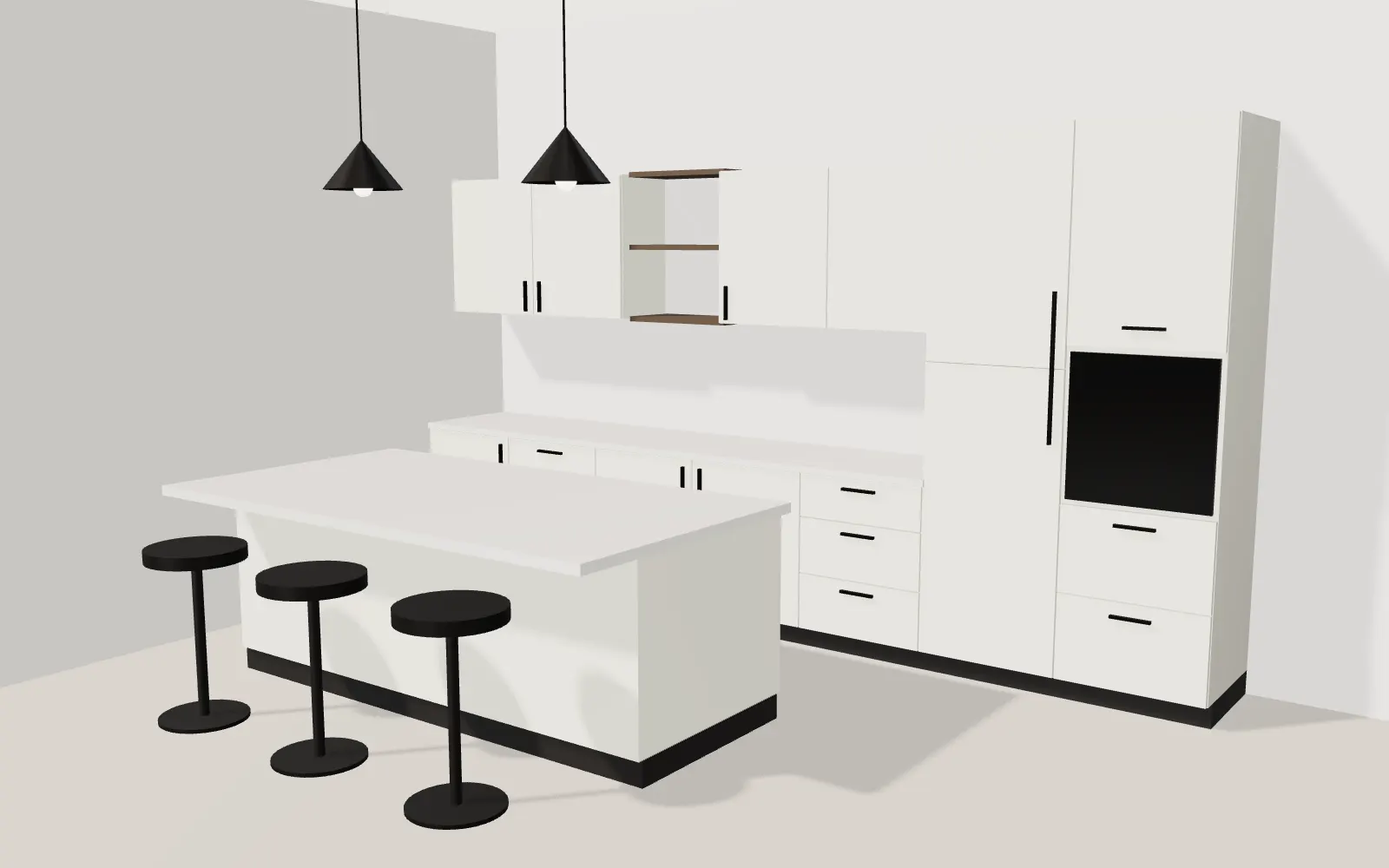 Illustrative 3D model of a kitchen with soft ivory cupboard fronts, a white worktop, an island with three stools and a tall storage run.