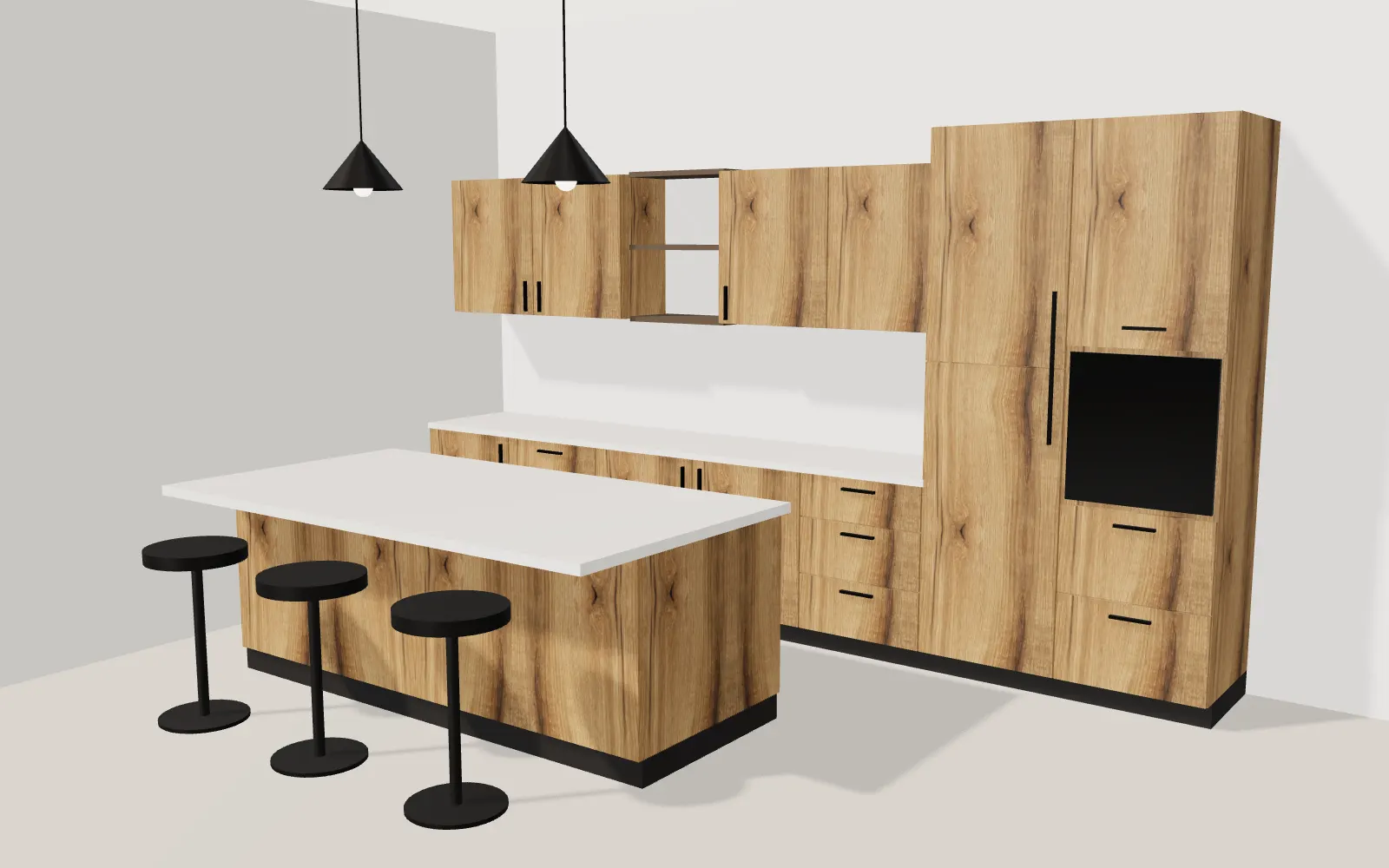 Illustrative 3D model of a kitchen with warm oak cupboard fronts, a white worktop, an island with three stools and a tall storage run.