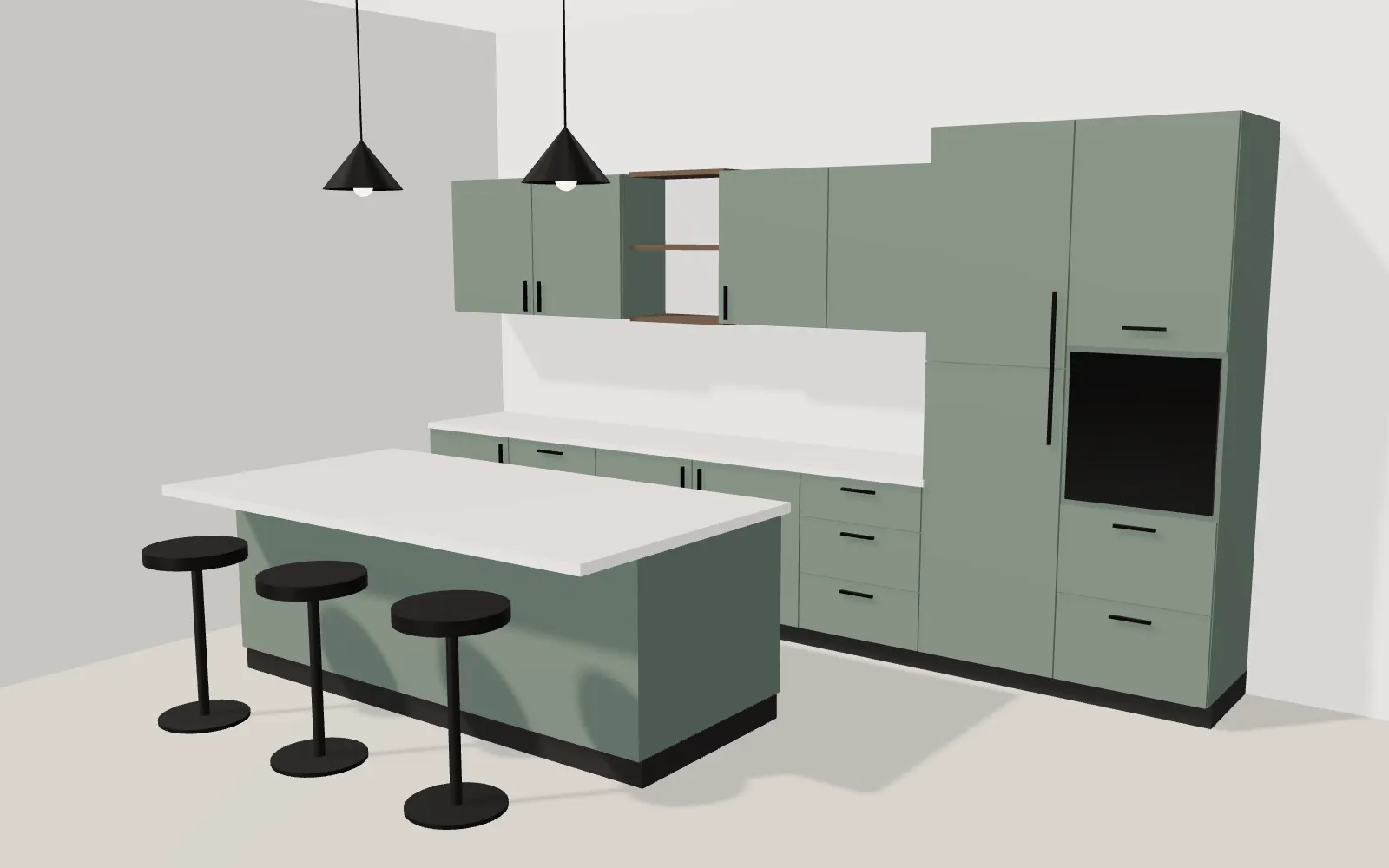 Illustrative 3D model of a kitchen with deep olive cupboard fronts, a white worktop, an island with three stools and a tall storage run.