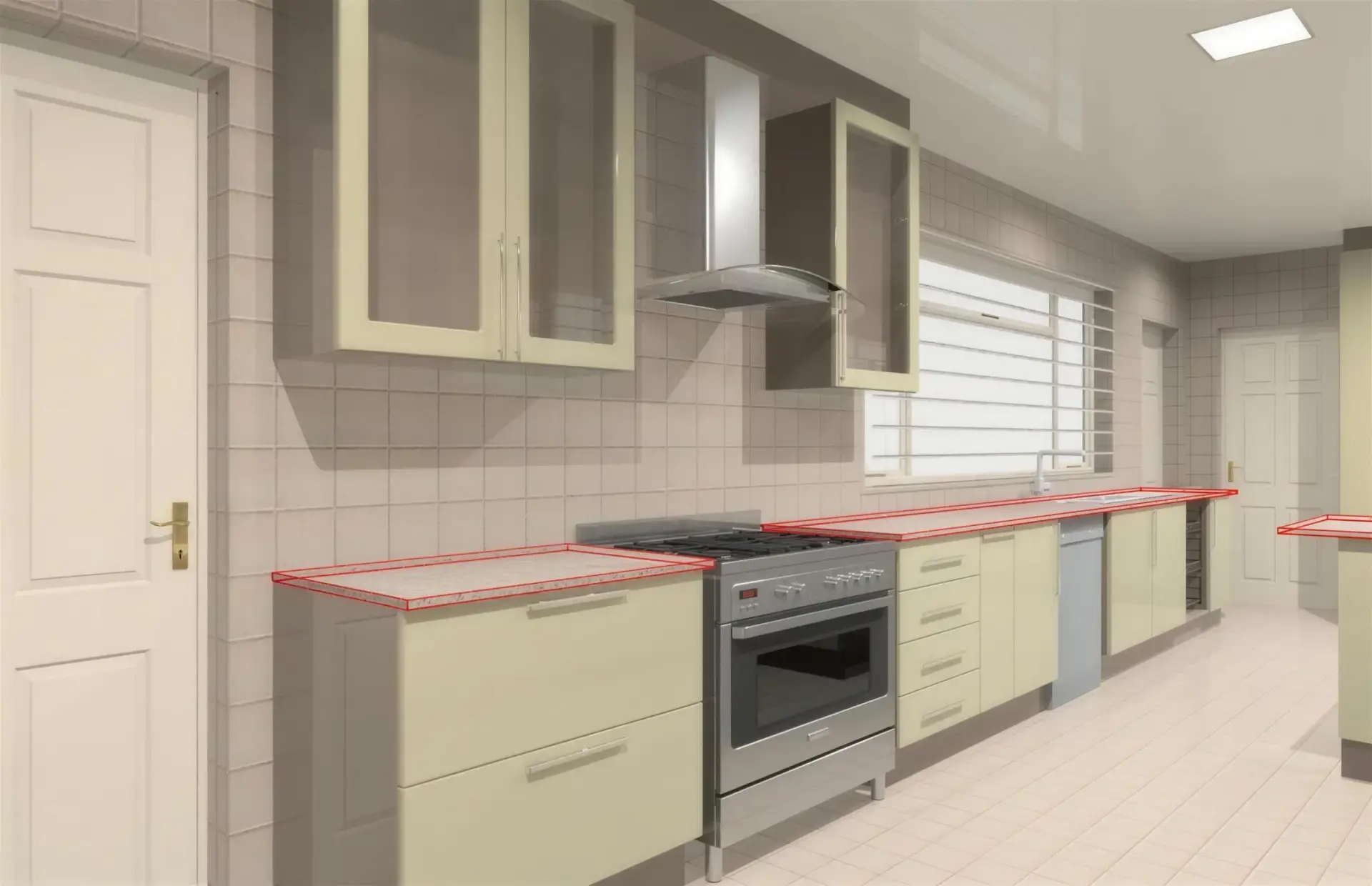 FKC 3D render of a kitchen with cream units, a slim red counter trim and a window above the sink.