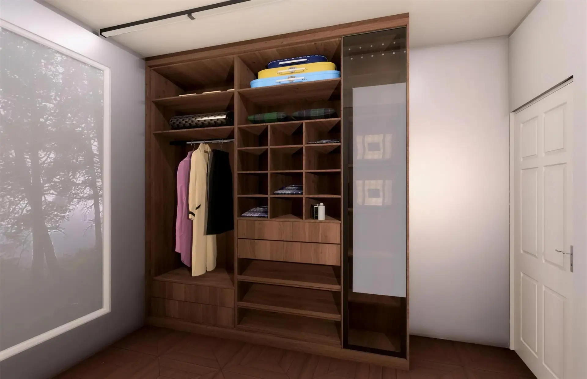FKC 3D render of a walk-in wardrobe in warm timber with hanging clothes, open shelving and drawers.