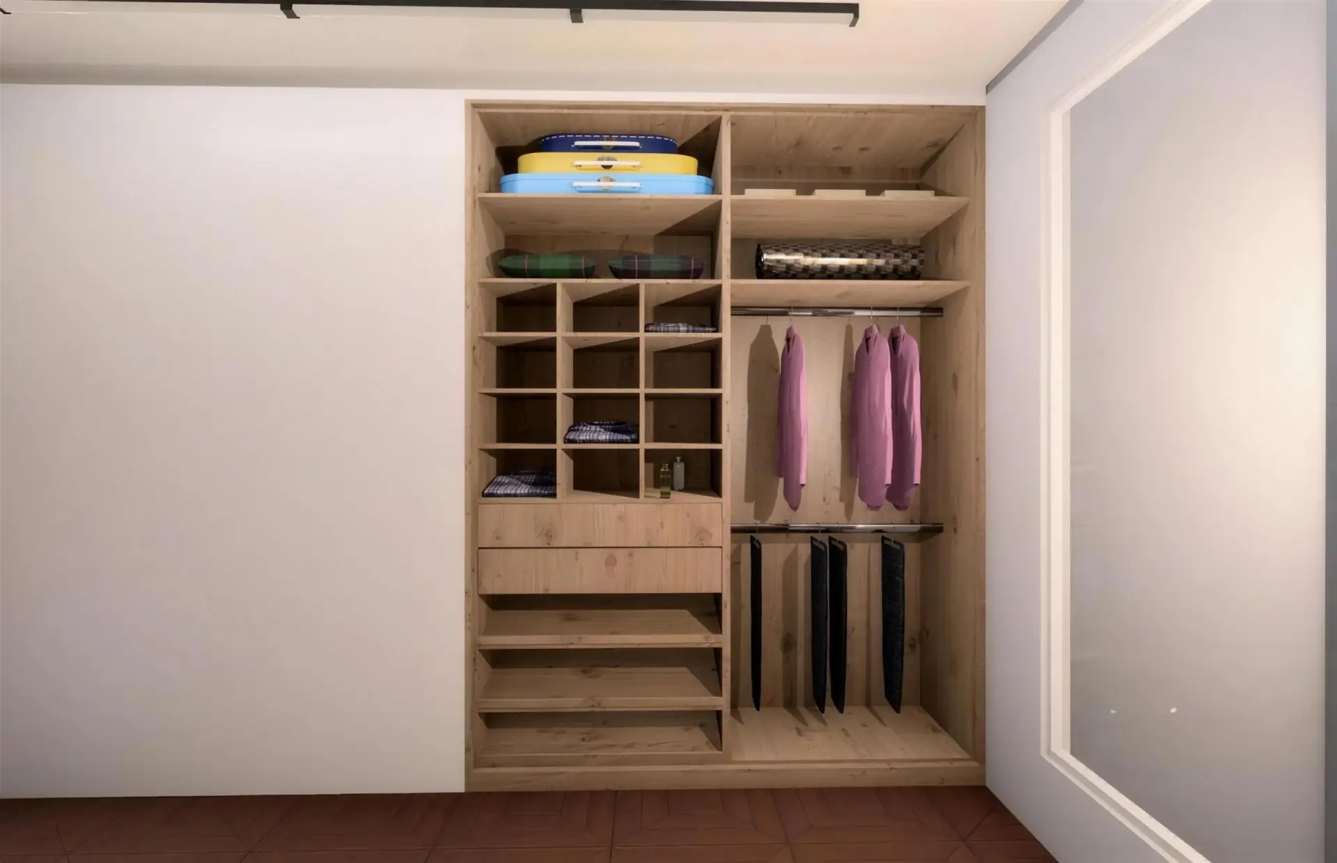 FKC 3D render of a walk-in closet with clothes rails, drawer banks and shelving.