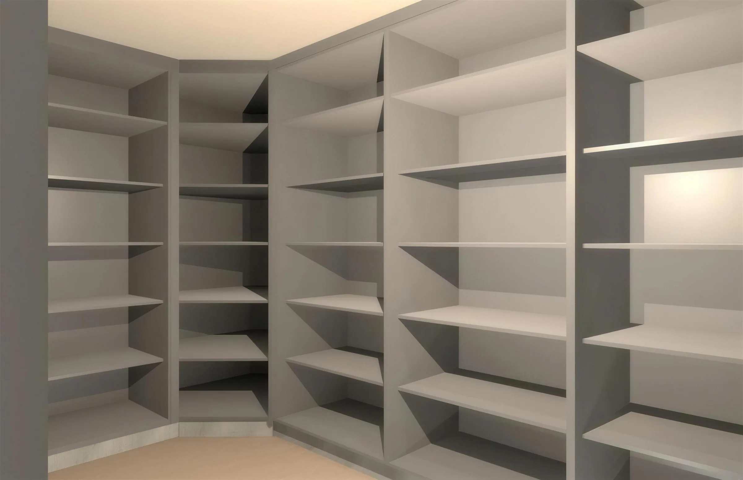 FKC 3D render of a white corner shelving unit fitted into a room corner.