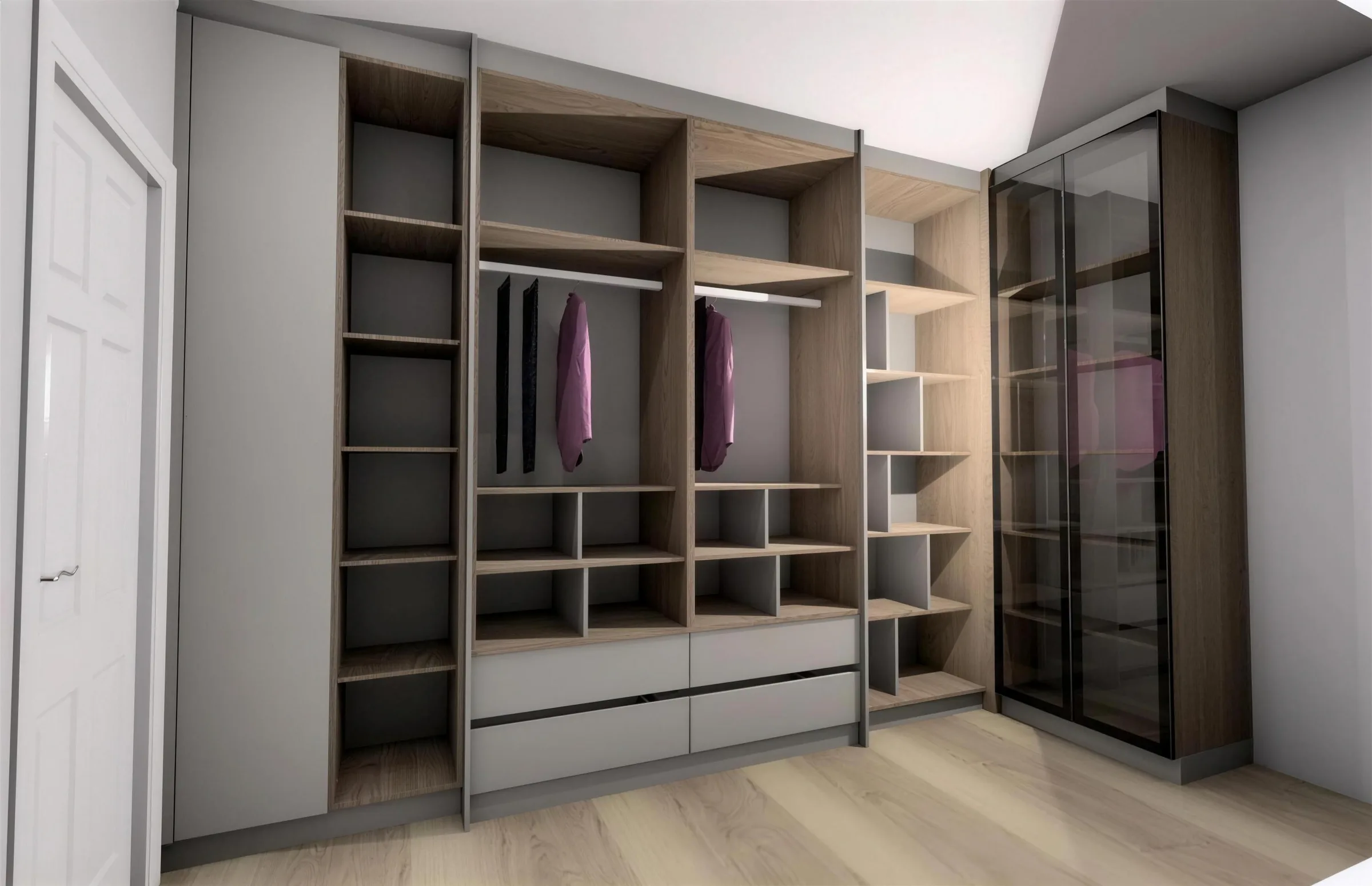 FKC 3D render of a walk-in wardrobe with glass-fronted doors and timber interior shelving.