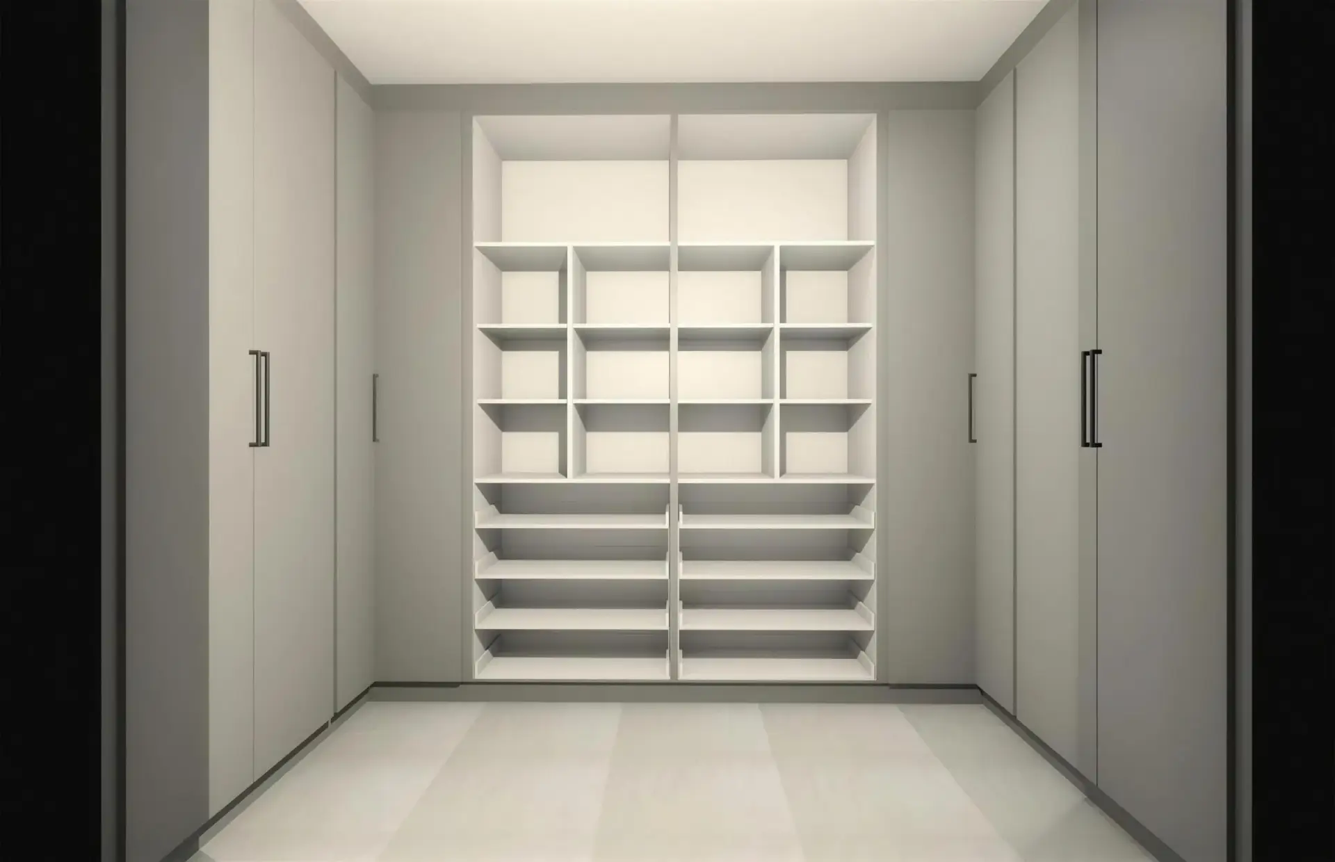 FKC 3D render of a white storage room lined with shelving on both walls.