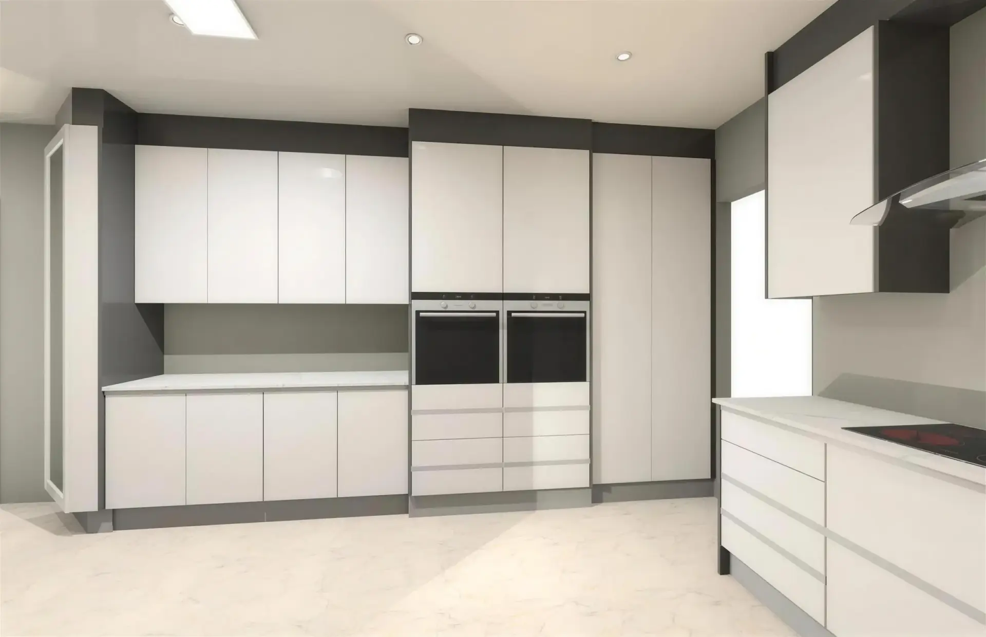 FKC 3D render of a kitchen with white wall units, dark base units and an integrated extractor.
