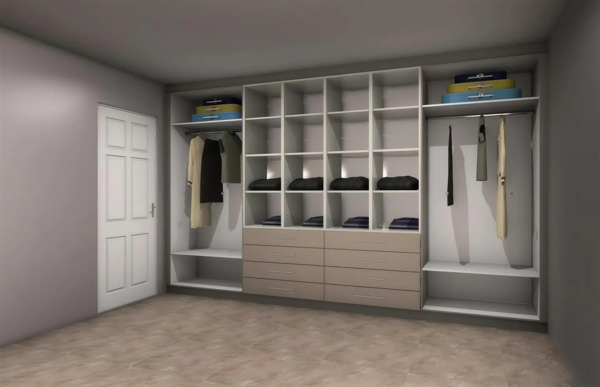 FKC 3D render of an open wardrobe system with shelving, drawers and hanging clothes.