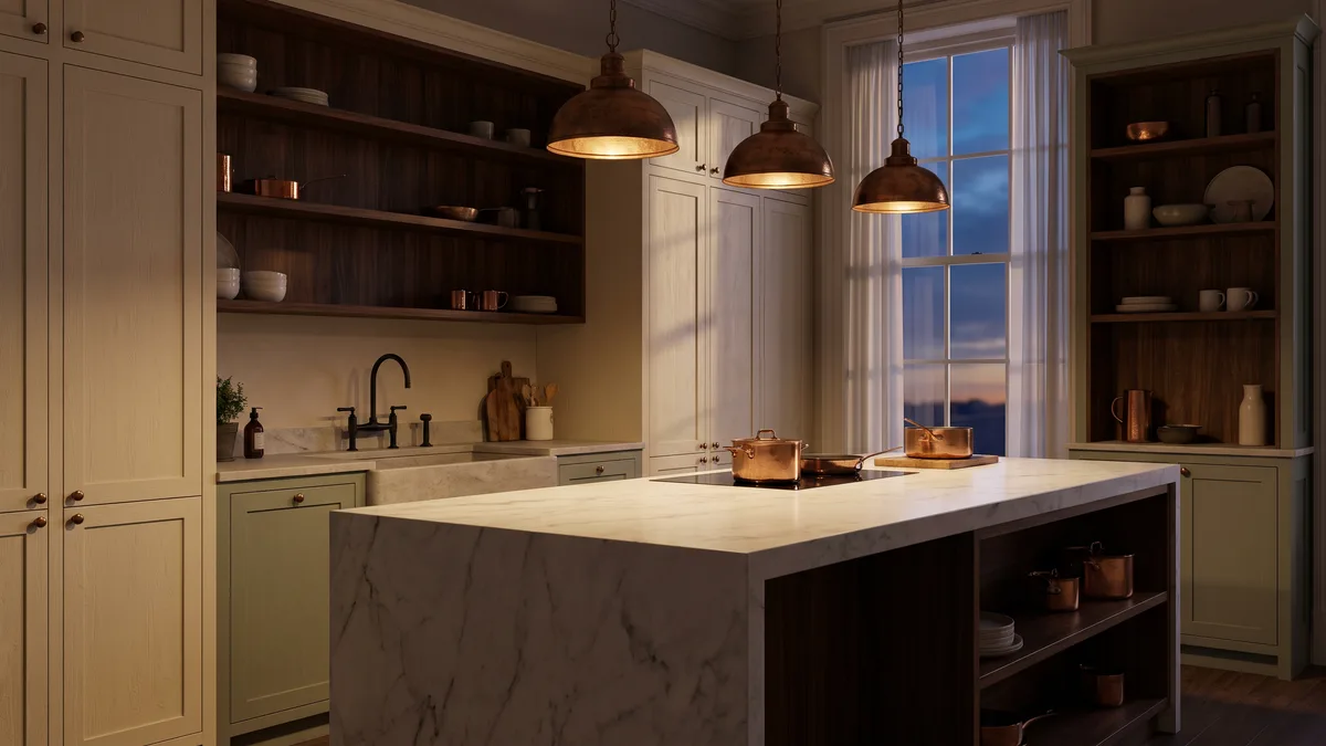 Illustrative visualisation of a bespoke kitchen: a stone-topped island under three copper pendant lights, with cream cabinet fronts and warm timber shelving.