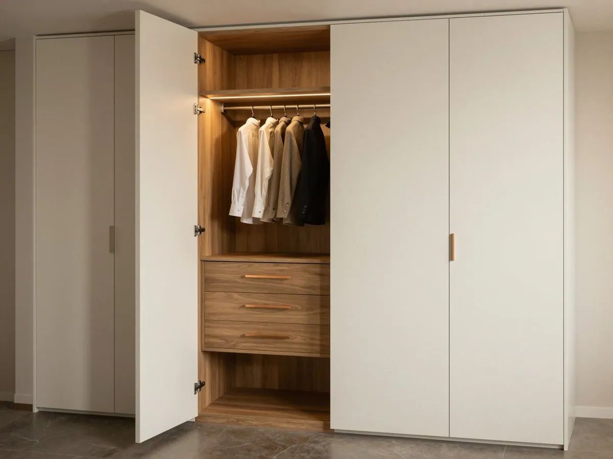 Illustrative visualisation of a built-in bedroom cupboard: cream doors opened to reveal a warm timber interior with a hanging rail and drawers.