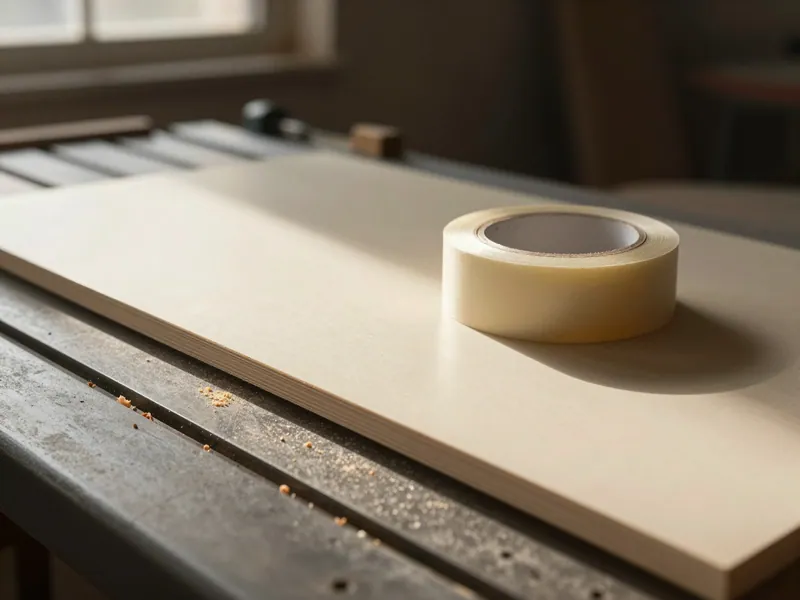 Illustrative close-up of edging tape being applied to the cut edge of a board.