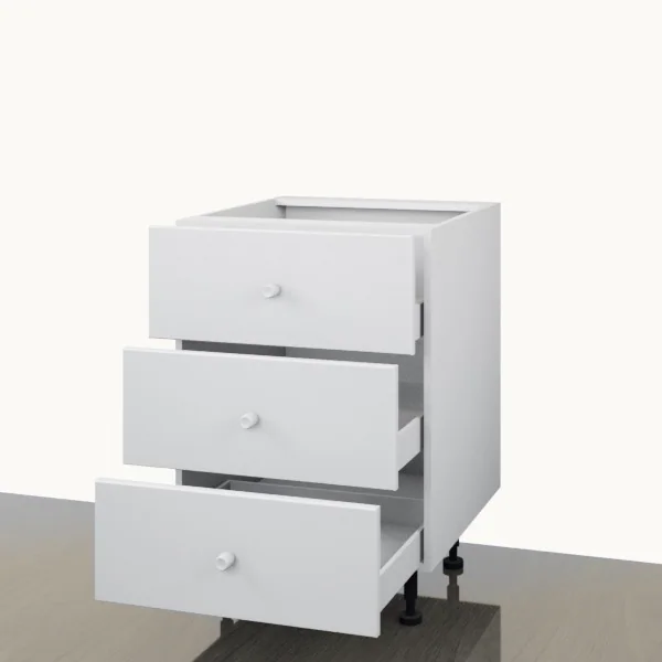 A 600 mm three-drawer floor unit from the FKC pre-made range, shown with the drawers open.