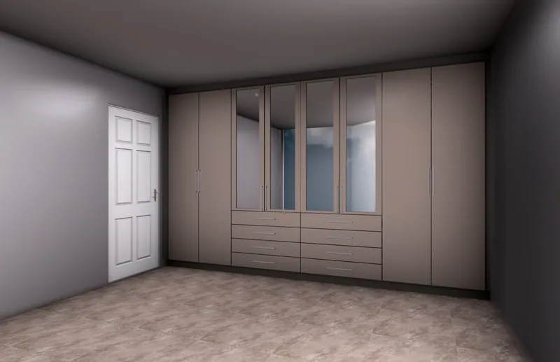 An FKC 3D render of a built-in cupboard wall with frosted glass door panels — the design stage a customer approves before anything is cut.