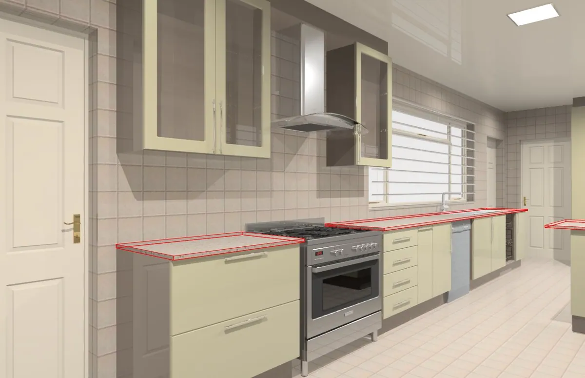 FKC 3D render of a kitchen with cream units, a slim red counter trim and a window above the sink.