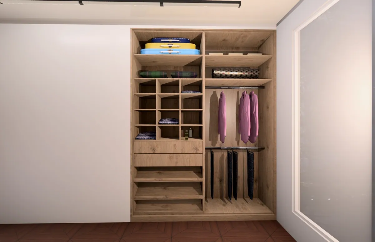 FKC 3D render of a walk-in closet with clothes rails, drawer banks and shelving.