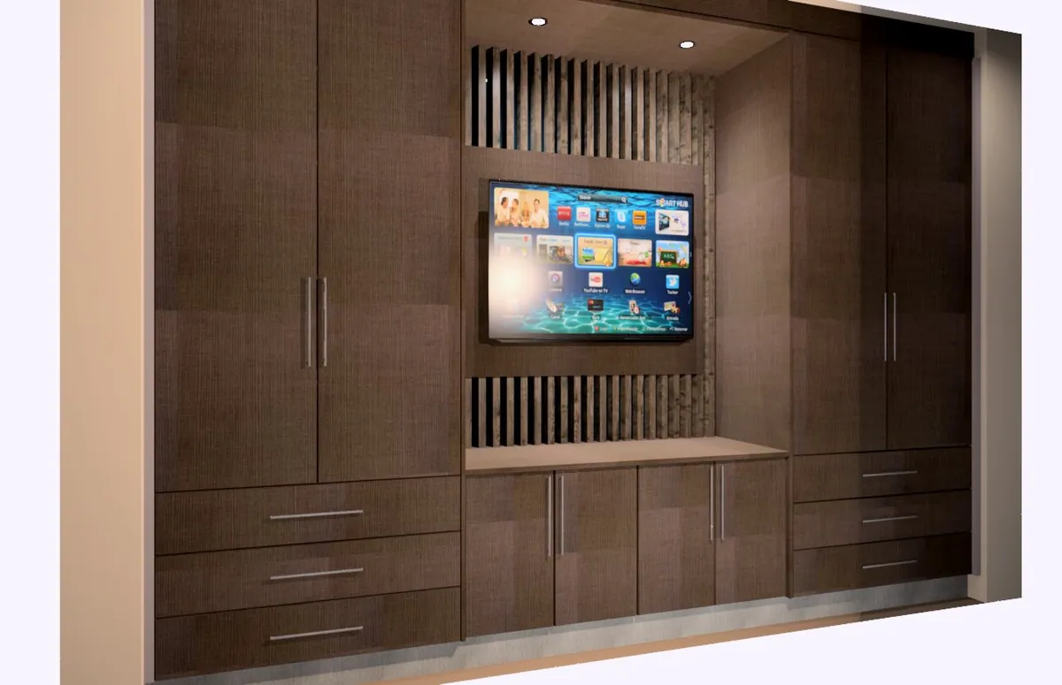 FKC 3D render of a dark walnut media wall with a recessed television.