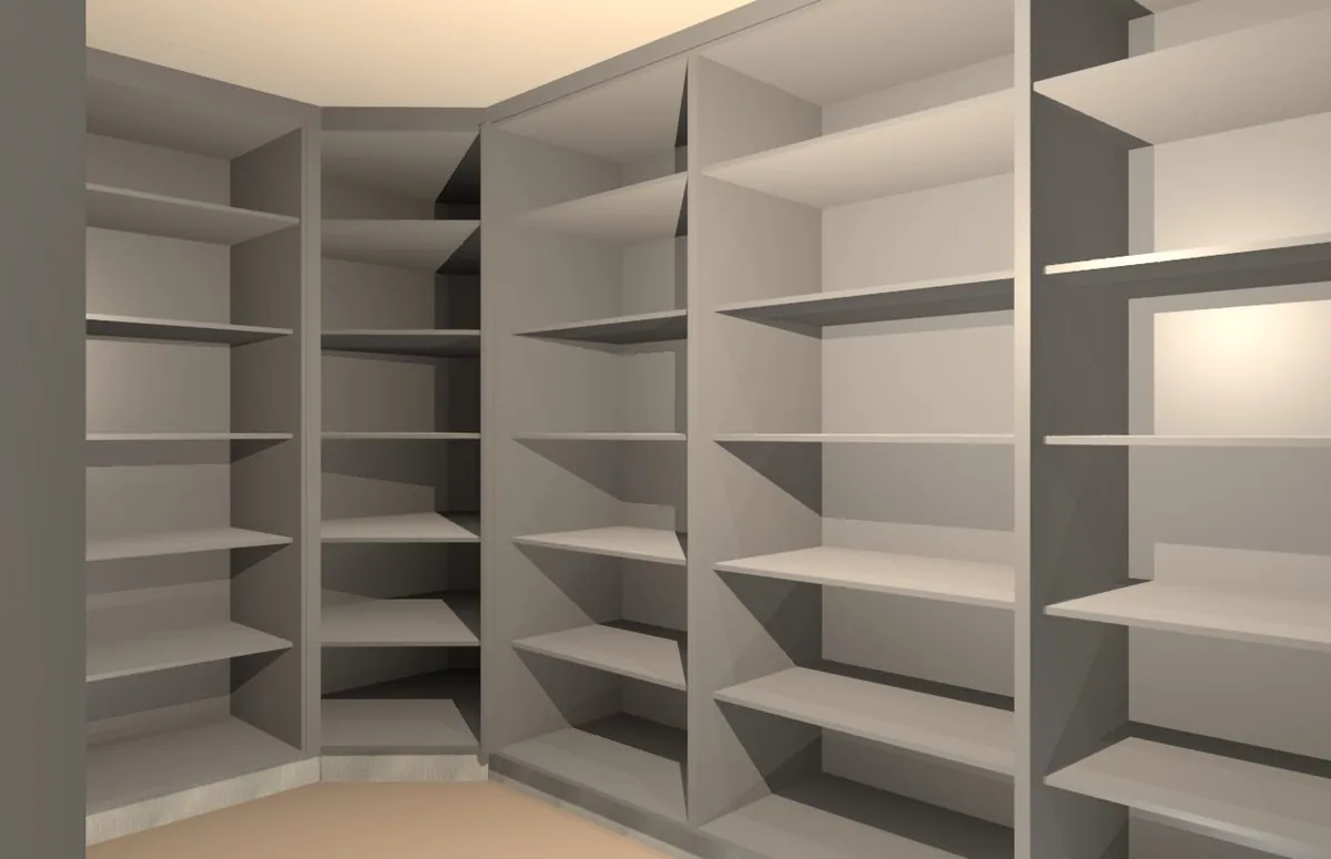 FKC 3D render of a white corner shelving unit fitted into a room corner.