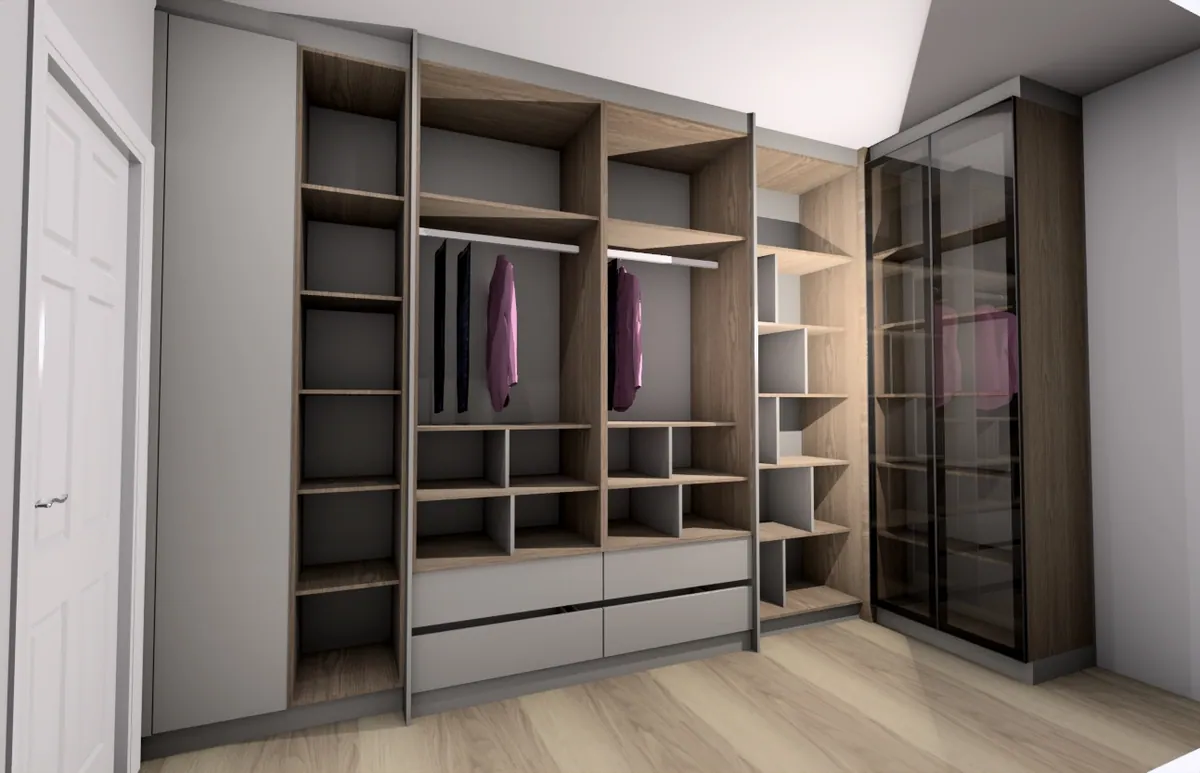 FKC 3D render of a walk-in wardrobe with glass-fronted doors and timber interior shelving.
