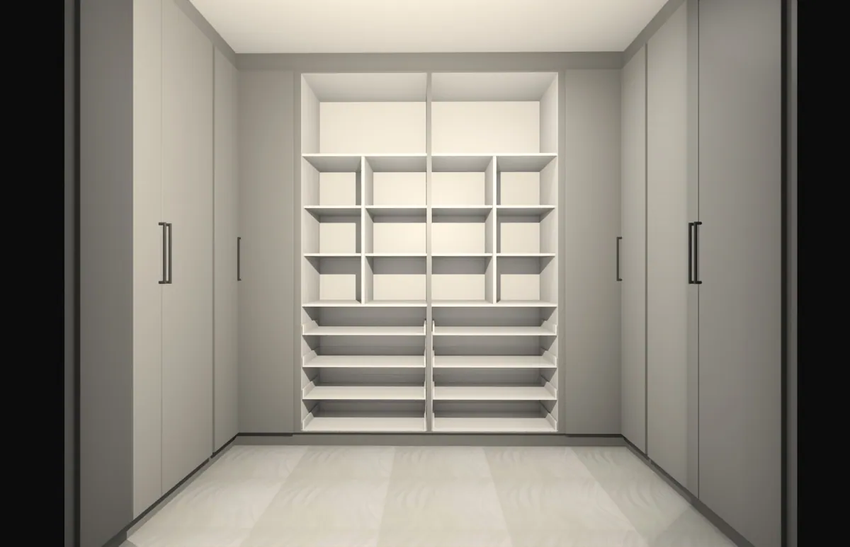FKC 3D render of a white storage room lined with shelving on both walls.