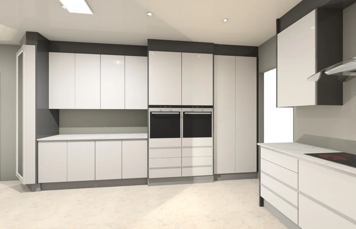 An FKC Kitchens 3D render of a kitchen with white wall units, dark base units and an integrated extractor, produced at the design stage before any board was cut.
