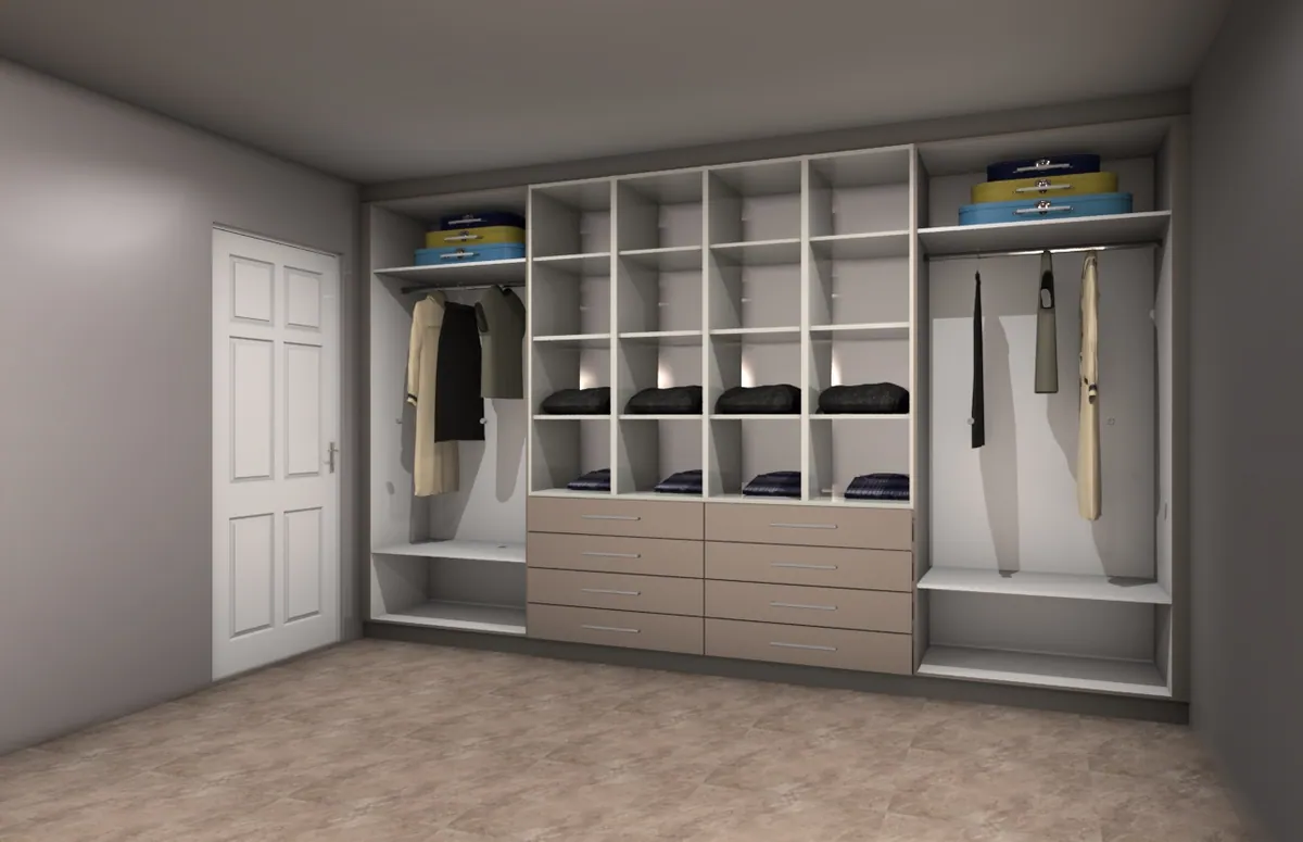 FKC 3D render of an open wardrobe system with shelving, drawers and hanging clothes.