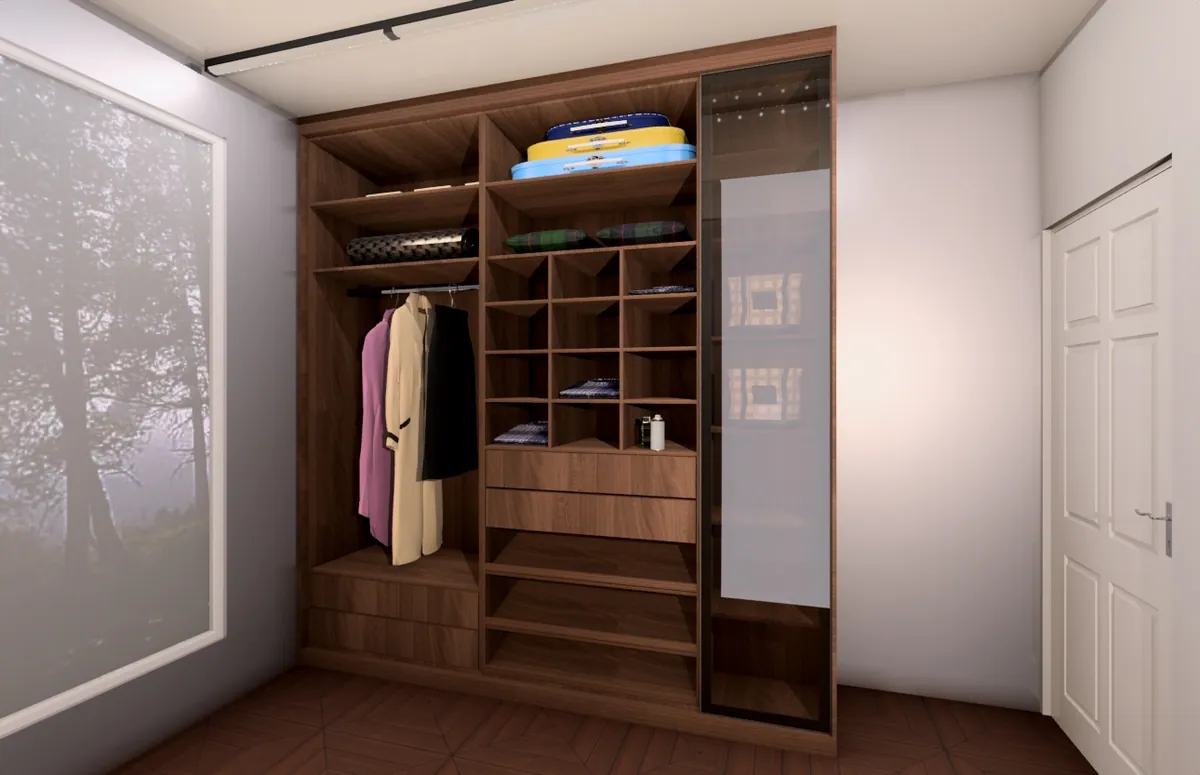 FKC 3D render of a walk-in wardrobe in warm timber with hanging clothes, open shelving and drawers.